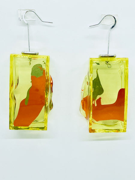 When you turn fluorescent painted earrings  the colors change with the light; one one side the colors are smooth on the other they are raw and vibrant! All drop earrings in the NOdes Collection drop approximately 2.5 inches
