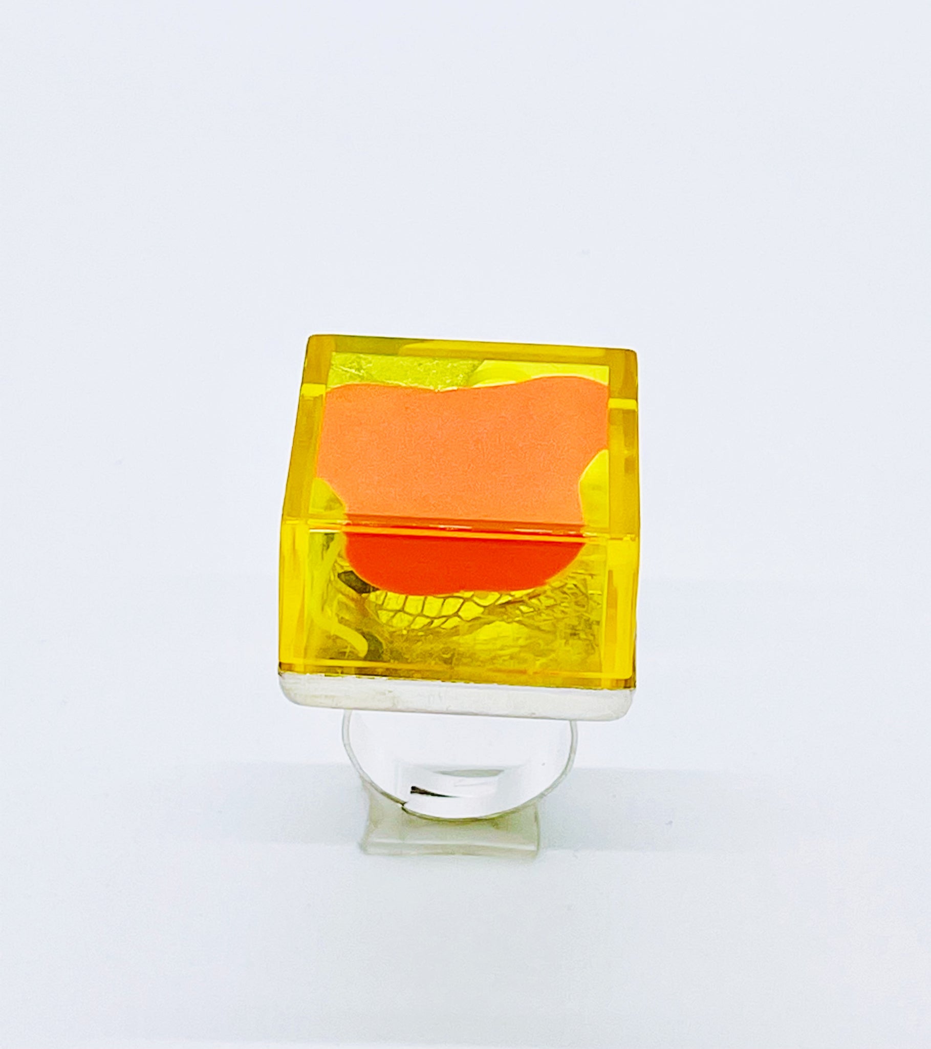 Yellow Fluorescent hand painted and sculpted art ring by Olga Alexander that is adjustable, offering 3 dimensional views!